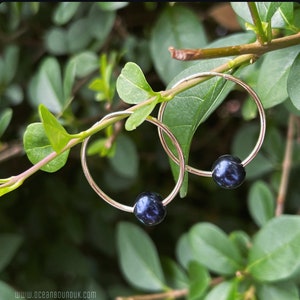 May include: A pair of silver hoop earrings with black pearl accents. The earrings are hanging from a green plant.