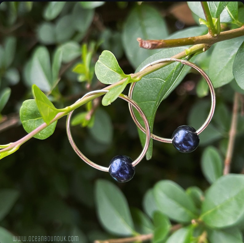 May include: A pair of silver hoop earrings with black pearl accents. The earrings are hanging from a green plant.