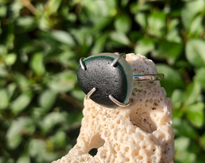 Deep Lagoon. Genuine Sea Glass Ring. Adjustable. Ultra Rare Multi Sea Glass on Sterling Silver Claw Ring.