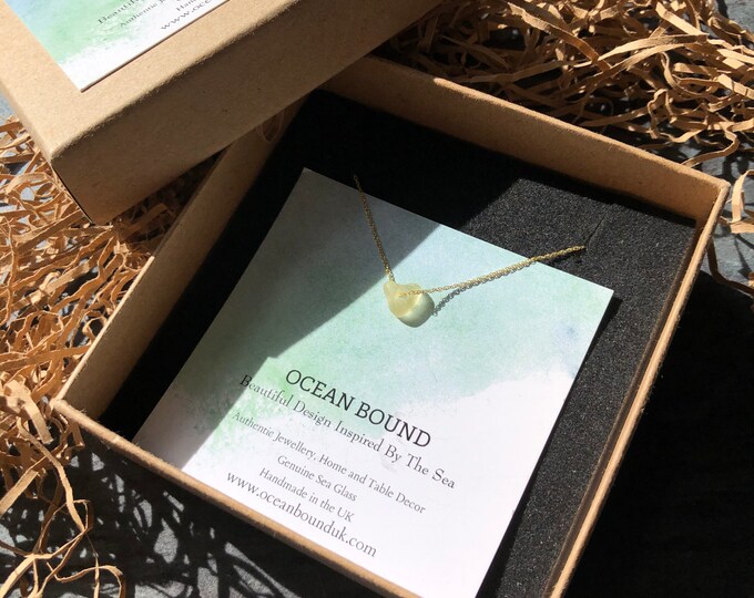Golden Hour. Solid Gold Floating Necklace. Heart Shaped Genuine English Sea Glass. Guaranteed Authentic.