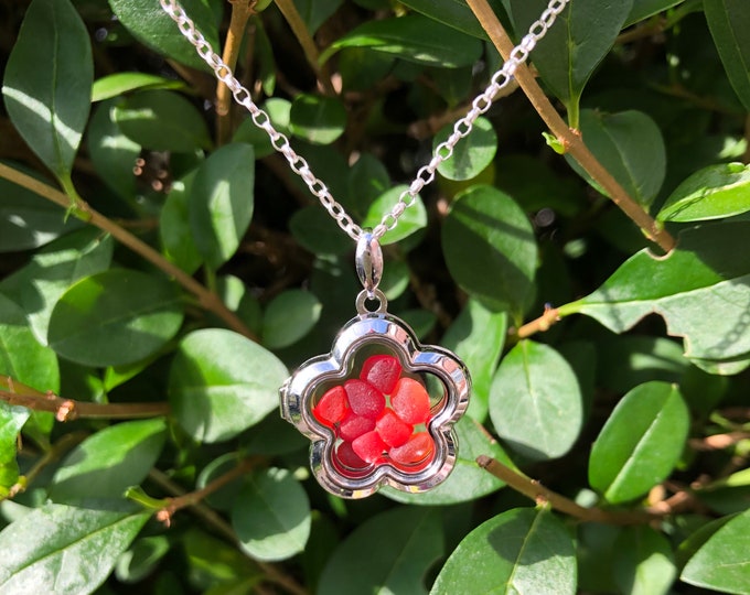 Red Lotus. Genuine Red Sea Glass in Flower Sterling Silver Locket Necklace. Guaranteed Authentic.