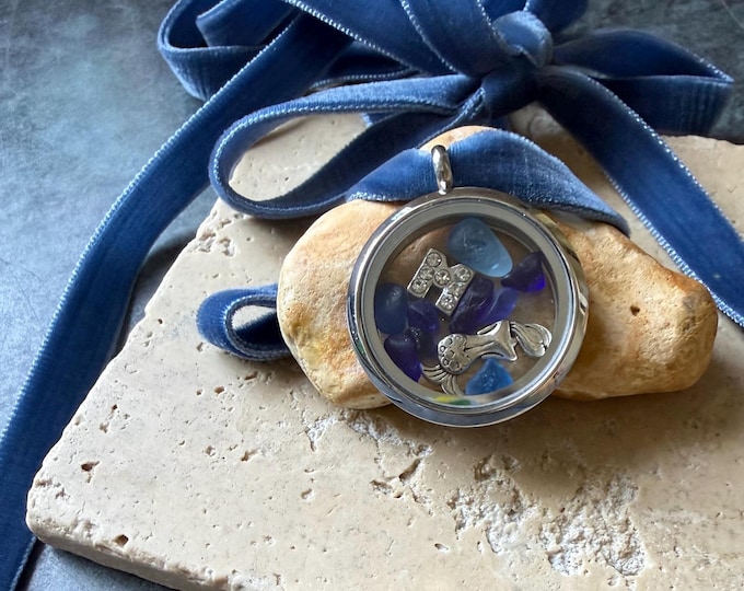 Mermaid Locket filled with Blue Genuine Sea Glass, Mermaid and Rhinestone Letter Charm. Personalised.