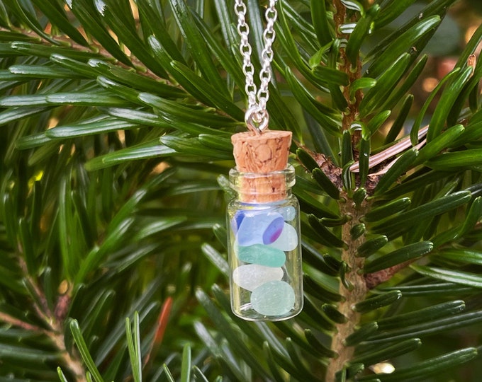 Vitamin Sea. Genuine English Multi and Sea Glass Colour Mix in a bottle. Personalised on Sterling Silver Necklace.
