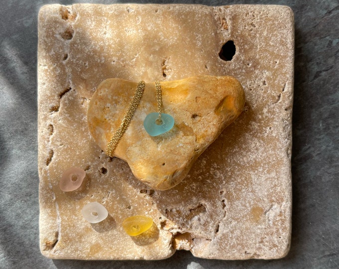 9 ct Gold. Drop of the Ocean. Greek Goddess. Genuine Greek Sea Glass on Solid Gold Necklaces. Guaranteed Authentic.