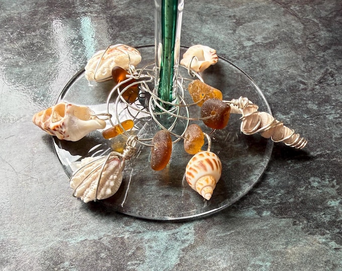 Beach Celebration. Wine Charms. Real Sea Shells and Genuine Sea Glass. Set of 6.
