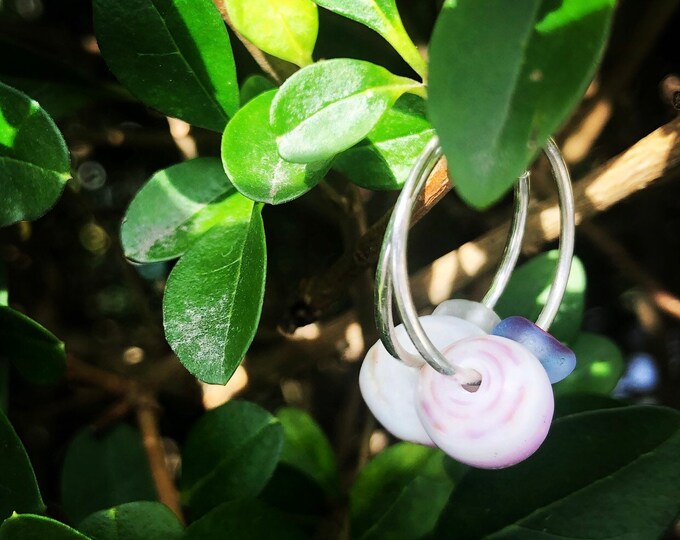 Lavender Dreams. Hawaiian Puka Shell and Genuine Lavender Sea Glass Multi on Sterling Silver Hoop Earrings.
