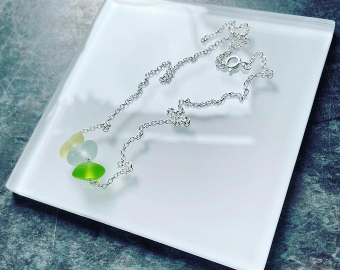 Drop of the Ocean. Spring Morning. Genuine English Sea Glass Trio on Sterling Silver Necklace. Guaranteed Authentic.