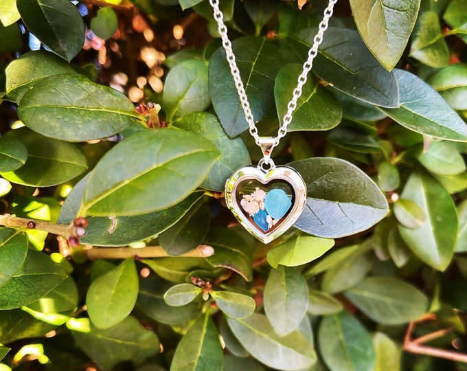 Star Sand. Sterling Silver Heart Locket filled with Genuine English Sea Glass and Star Sand on Sterling Silver Necklace.