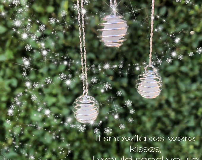 Snow Kisses. Genuine English Sea Glass in Cage Pendant on Sterling Silver Necklace. Guaranteed Authentic.
