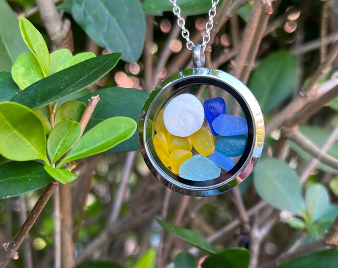 A Day at the Beach. Locket filled with Genuine Mediterranean Sea Glass and Real Shiva Eye Operculumin Shell on Sterling Silver Necklace.