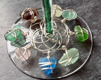 Ocean Treasures. Genuine Sea Glass Wine Charms. Set of 4, 6 and 8.