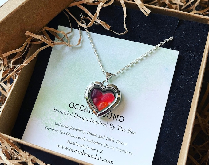 True Love. Seaham Red/Orange/Amberina Sea Glass. Sterling Silver Heart Locket Necklace. Guaranteed Authentic.
