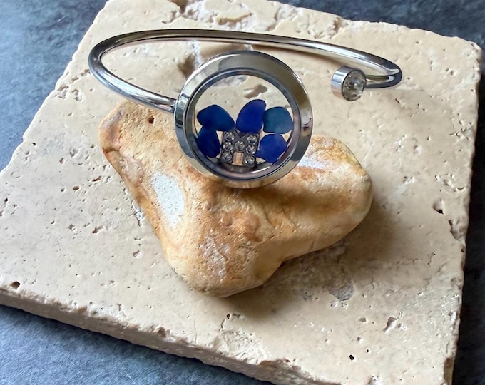 Mermaid Bangle. Personalised. Genuine Sea Glass and Rhinestone Charm Letter in Locket Cuff Bangle.