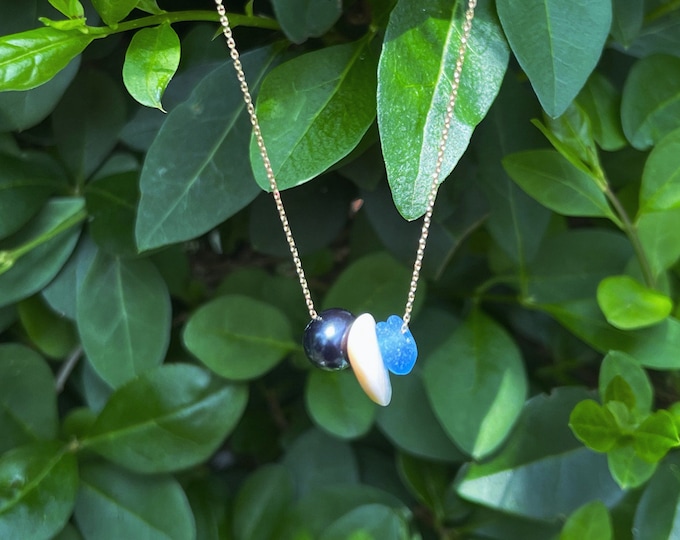 A Night at the Beach. Real Black Pearl, Genuine Blue Sea Glass and Operculum ShivaEye Shell on 9ct Solid Gold Necklace. Guaranteed Authentic
