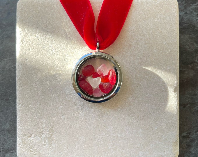 My Love.  Locket filled with Genuine English Sea Glass. Heart Shaped, Red and Multis. Guaranteed Authentic.