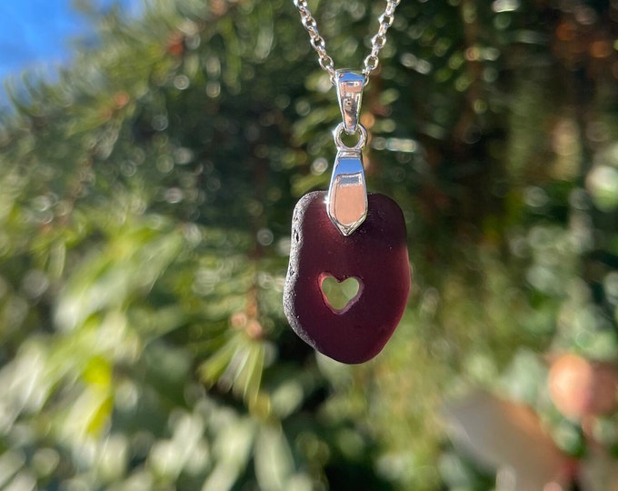 You Stole My Heart. Genuine Grape Purple Mediterranean Sea Glass on Sterling Silver Bail Necklace. Hand Carved Heart.  Guaranteed Authentic.