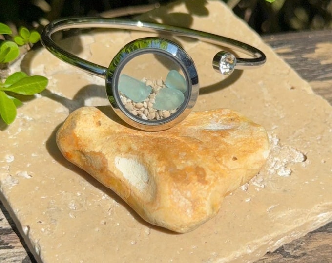 Star Sand Beach Bangle.  Genuine Japanese Sea Glass and Star Sand in Memory Locket.
