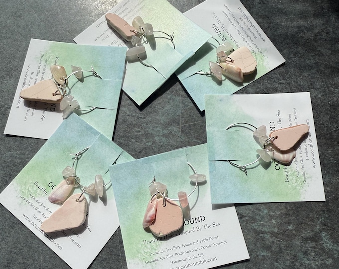 Pretty in Pink. Wine Charms. Set of 6. Genuine Greek Sea Pottery, Florida Coquina Shells and Rose Quartz Gems. Guaranteed Authentic.