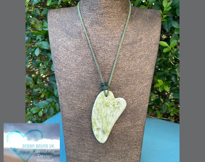 Jade Gemstone. Wellness XL Heart Statement Pendant on Vegan Suede Long Necklace with Genuine English Sea Glass Charms and Stopper.