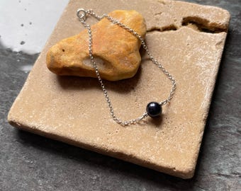 Real Black Pearl. Bracelet. Anklet. Single Real Black Pearl on Sterling Silver. Handmade to Order. Guaranteed Authentic.