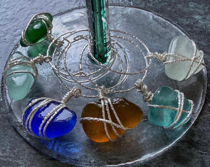 Ocean Treasures. Genuine Sea Glass Wine Charms. Set of 4, 6 and 8.