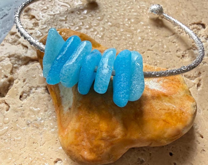 Mykonos Blue. Genuine Greek Milk Sea Glass on Sterling Silver Cuff Bangle. Guaranteed Authentic.