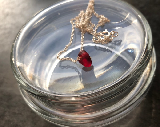 Drop of the Ocean. Red Sunrise. Genuine English Sea Glass on Sterling Silver Minimalist Floating Necklace. Ultra Rare Ruby Red.