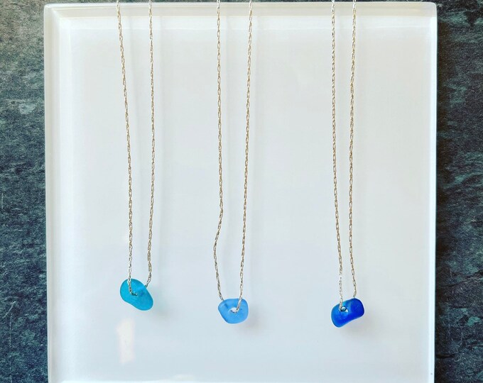 Blue Sea. Genuine English Blue Sea Glass on Sterling Silver Necklace. Minimalistic Jewellery. Guaranteed Authentic.