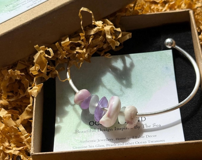 Mahalo. Hawaiian Puka Shells and Genuine Sea Glass on 925 Sterling Silver Cuff Bangle.