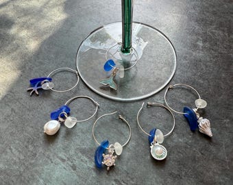 Ocean Blues. Wine Charms. Set of 6. Genuine Mediterranean and English Sea Glass with ocean themed charms. Guaranteed Authentic.