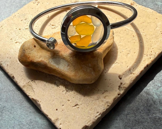 Sunshine Bangle. Genuine Sea Glass in Locket Cuff Bangle. Guaranteed Authentic.