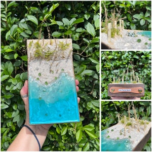 May include: A miniature beach scene with a wooden frame, white sand, green sea glass, and a small wooden fence. The scene is titled "Sea Turtle Beach".