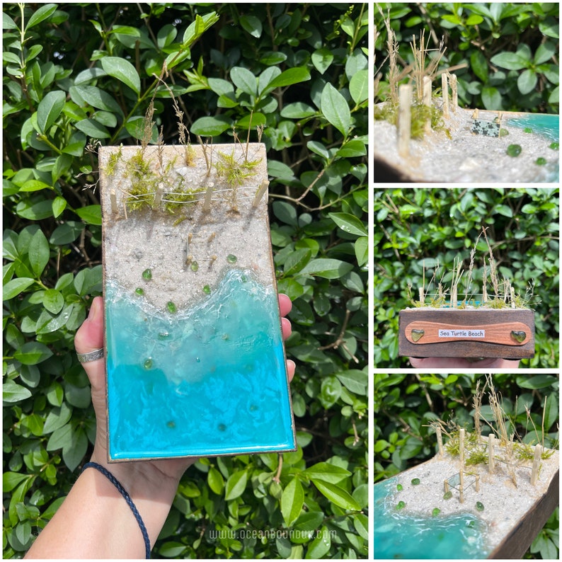 May include: A miniature beach scene with a wooden frame, white sand, green sea glass, and a small wooden fence. The scene is titled "Sea Turtle Beach".