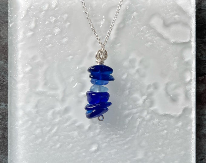 Blues Zones. Genuine Mediterranean and English Sea Glass hand wrapped on Sterling Silver Bail and Necklace. Cobalt, Cyan and Sky Blue.