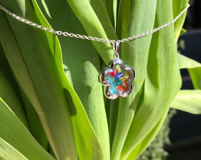 Flower Girl. Seaham Sea Glass Multi Colours in Sterling Silver Flower Locket Necklace. Guaranteed Authentic.