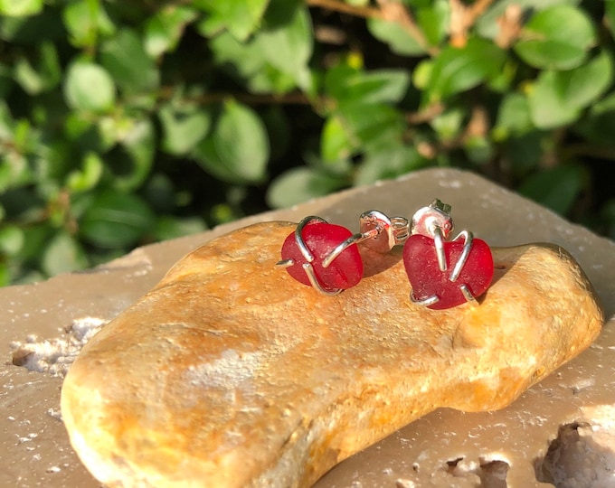 Red Sunrise. Genuine English Sea Glass on Sterling Silver Claw Stud Earrings. Ultra Rare Ruby Red. Guaranteed Authentic.