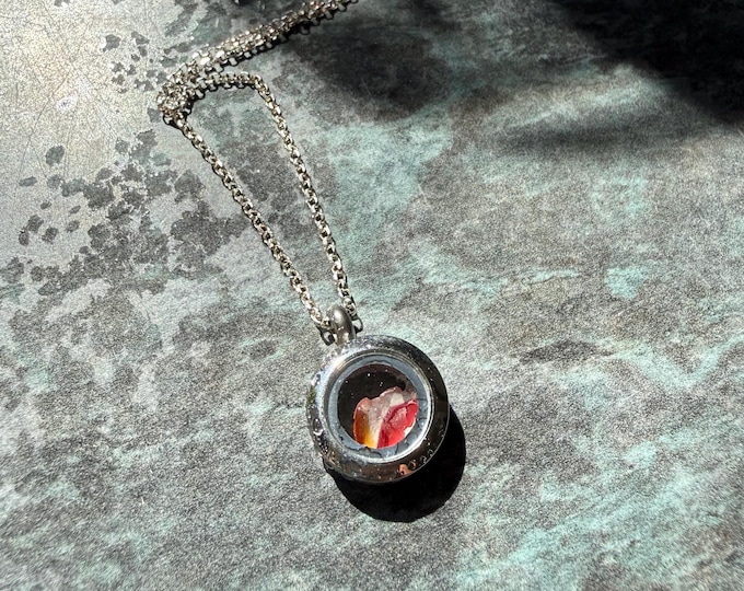 Tiny Treasure. Seaham Sea Glass Multi Red/Caramel in Locket on Sterling Silver Necklace.