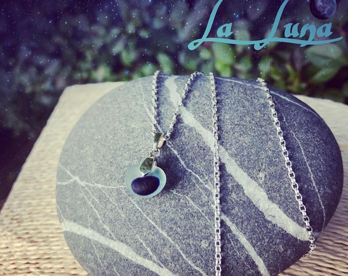Moon Pendant La Luna. Deep Sapphire Blue Genuine English Sea Glass Multi on Sterling Silver Double Bail and Necklace. Guaranteed Authentic.