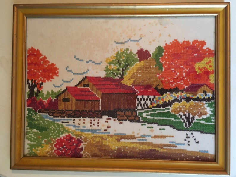 Vintage Crewel Bridge Waterfall Scene Fall Colors Orange, Red, Ochre Embroidery Original