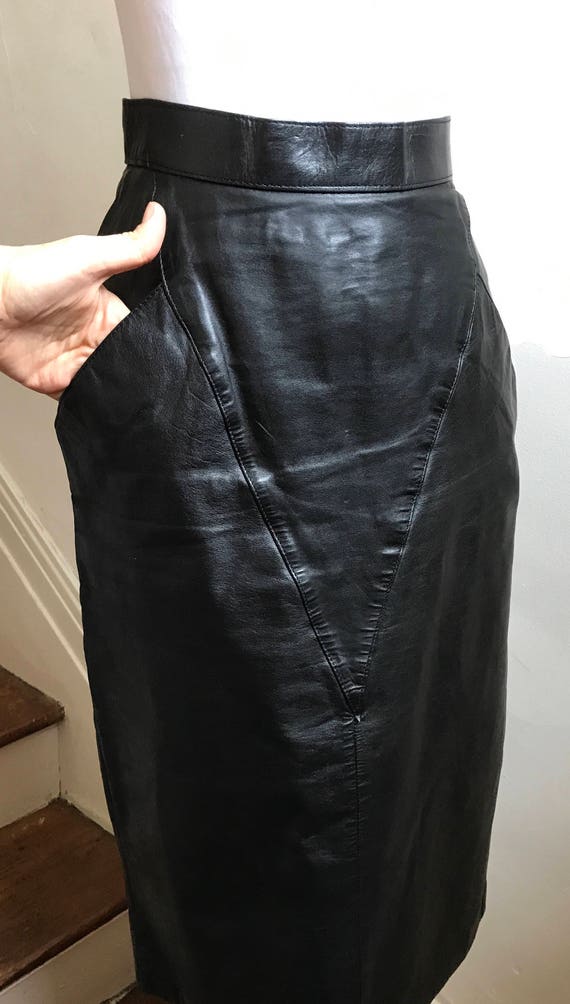 Vintage Black Leather Skirt | 80s Snakeskin Penci… - image 2