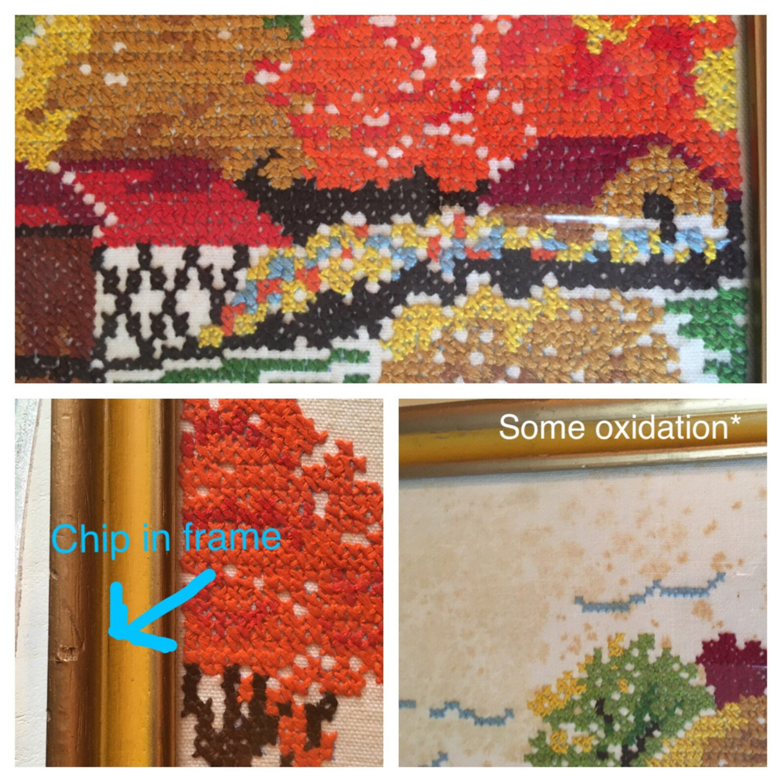 Vintage Crewel Bridge Waterfall Scene Fall Colors Orange, Red, Ochre Embroidery Original