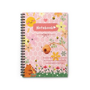 May include: A spiral-bound notebook with a pink honeycomb background featuring a smiling sun, bees, flowers, butterflies, a beehive on a branch, and a bear eating honey. The text reads Notebook and Proverbs 16:24 Gracious words are like a honeycomb.