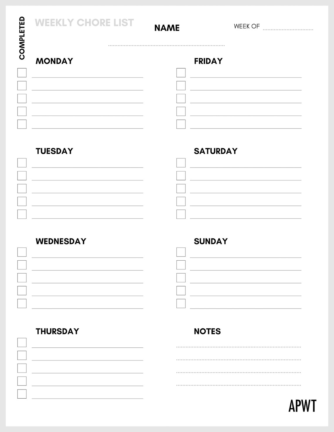 Simple Printable Weekly Chore List Chore Planner Weekly Etsy
