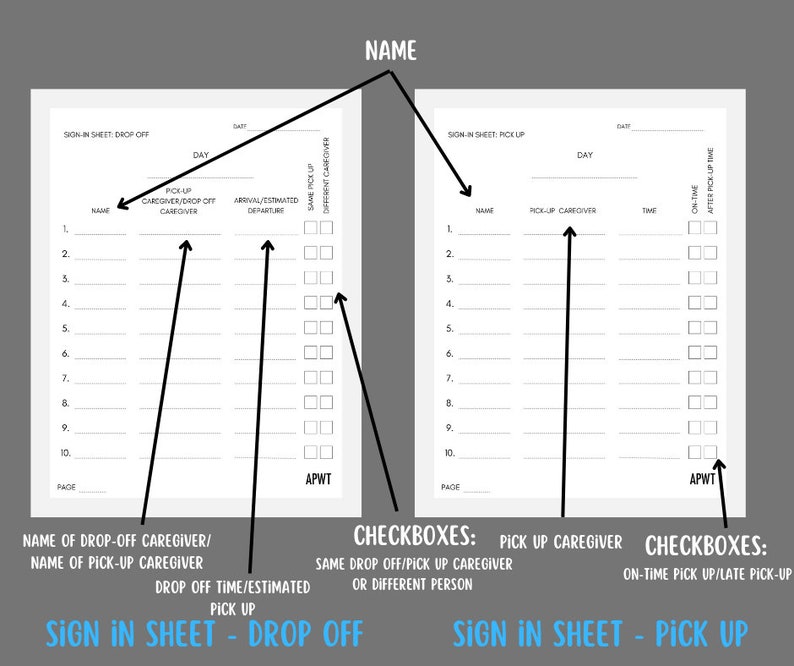 Simple Printable Dropoff Pickup Signin Sheet Set Daycare Etsy