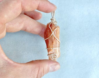 Raw Orange Kyanite Pendant · Silver Wire Wrapped Crystal Necklace