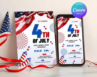 May include: A patriotic 4th of July invitation template with a red, white, and blue color scheme. The design includes an American flag, fireworks, and the text "4th of July". The invitation is displayed on a printed card and a smartphone.