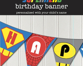 スーパーヒーローの誕生日バナー - お子様の名前でパーソナライズ - DIY 印刷可能