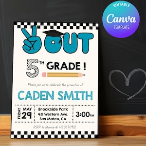 May include: A graduation announcement with the words "5th Grade Out" in blue and black. The invitation includes the name "Caden Smith", date, time, and location details. A Canva template logo is in the upper right corner.