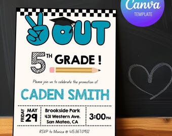 May include: A graduation announcement with the words "5th Grade Out" in blue and black. The invitation includes the name "Caden Smith", date, time, and location details. A Canva template logo is in the upper right corner.