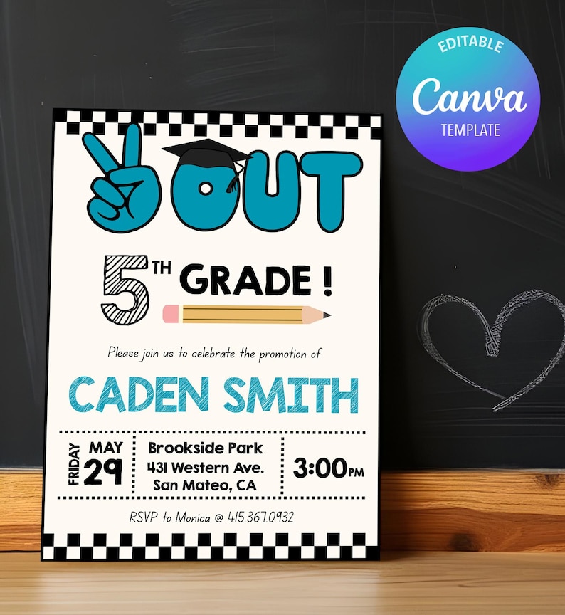 May include: A graduation announcement with the words "5th Grade Out" in blue and black. The invitation includes the name "Caden Smith", date, time, and location details. A Canva template logo is in the upper right corner.